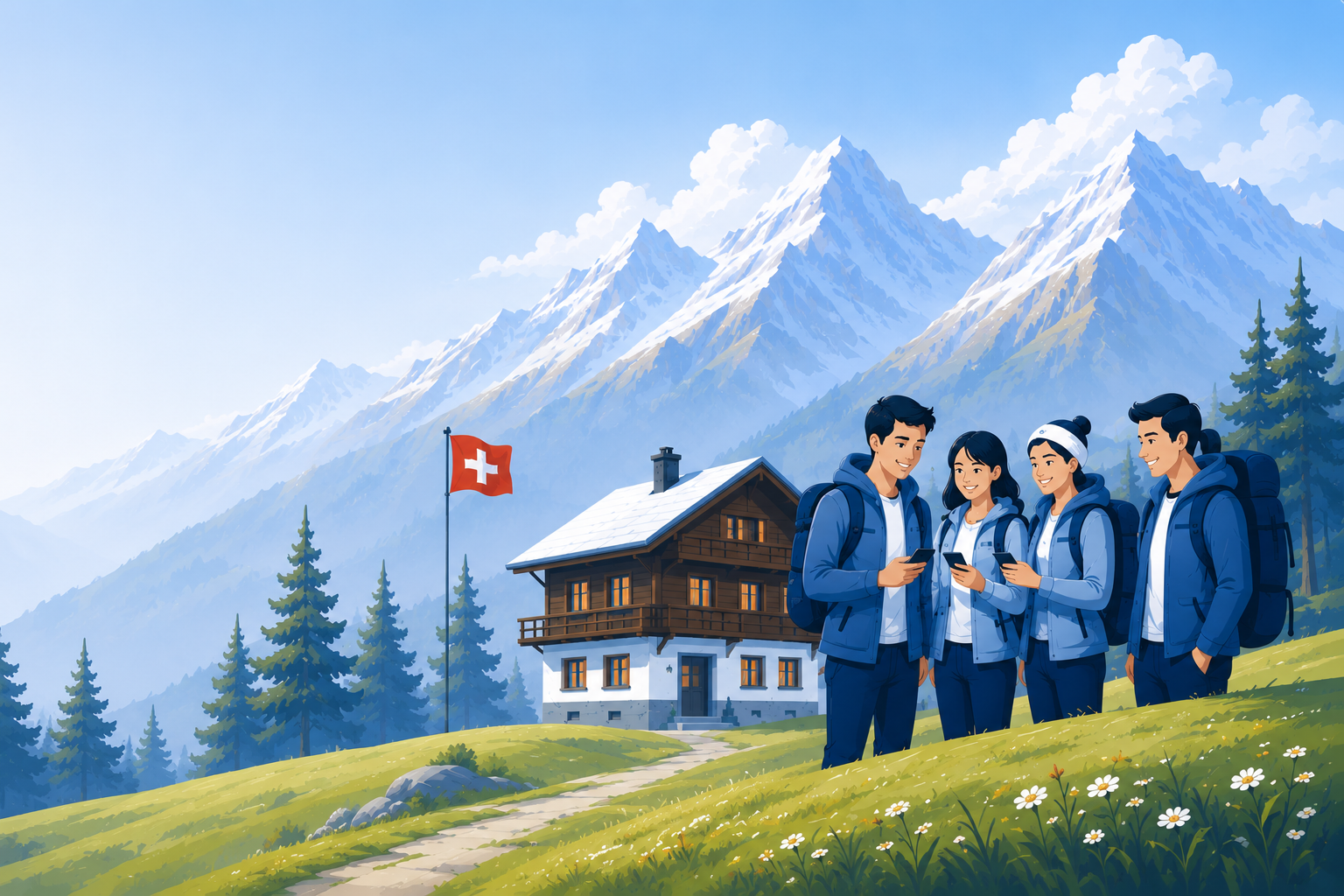Gaeste vor einer Schweizer Ferienwohnung in den Bergen